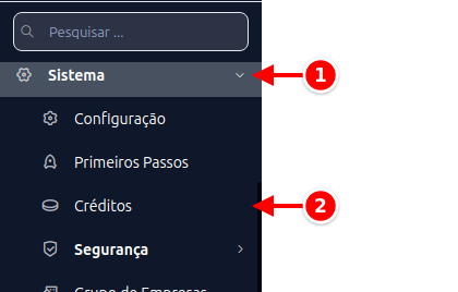 Menu lateral com Sistema e Créditos numerados de 1 a 2