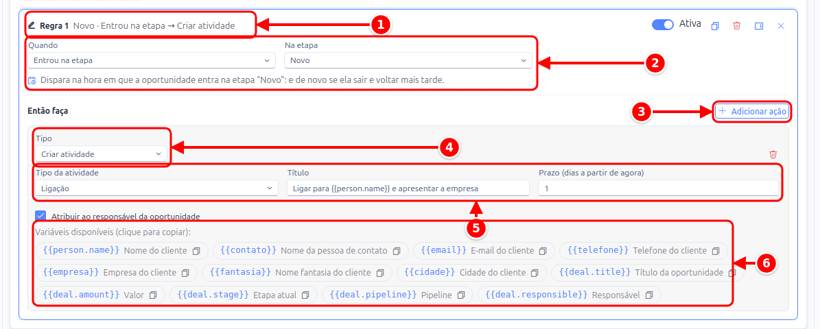 Formulário da regra com o cabeçalho, Quando e Na etapa, Adicionar ação, o tipo da ação, os campos da ação e as variáveis numerados de 1 a 6