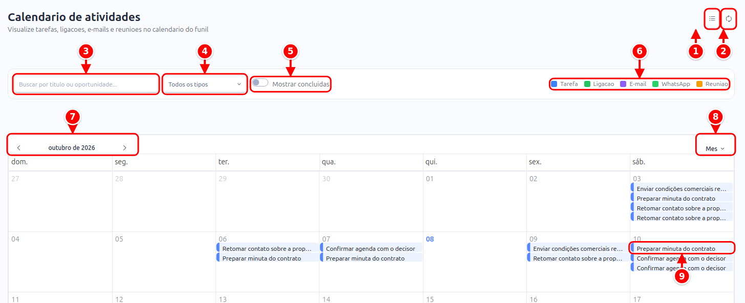 Tela Calendário de atividades na visão Mês, com os botões do topo, a busca, o tipo, a chave Mostrar concluídas, a legenda de cores, a navegação de datas, o seletor de visão e um cartão de atividade numerados de 1 a 9