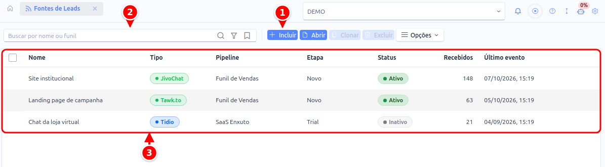 Listagem de Fontes de Leads com o botão Incluir, a busca e a grade das fontes cadastradas, numerados de 1 a 3