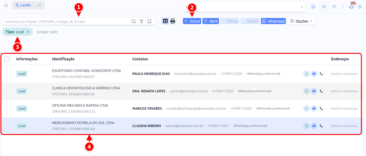 Listagem de Leads com a busca, o botão Incluir, o filtro Tipo Lead e a grade dos leads, numerados de 1 a 4