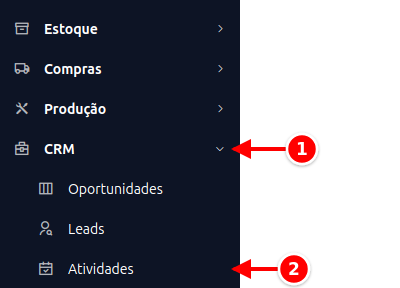 Menu lateral com CRM e Atividades numerados de 1 a 2