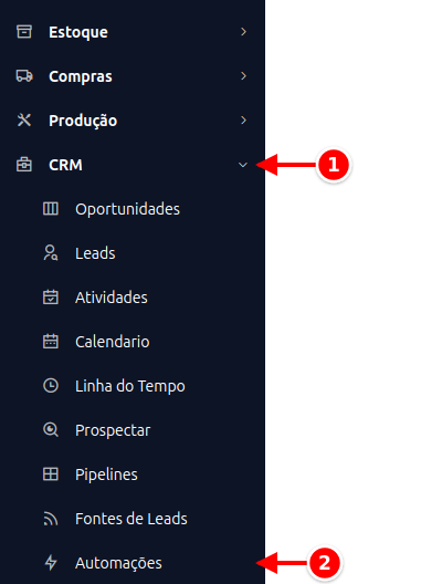 Menu lateral com CRM e Automações numerados de 1 a 2