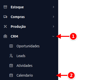 Menu lateral com CRM e Calendario numerados de 1 a 2