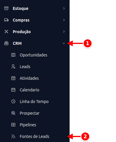 Menu lateral com CRM e Fontes de Leads numerados de 1 a 2