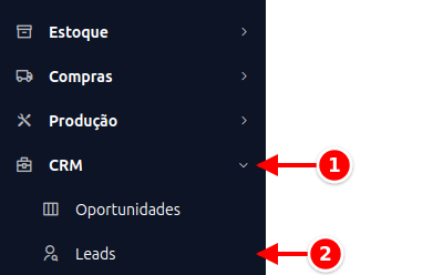 Menu lateral com CRM e Leads numerados de 1 a 2