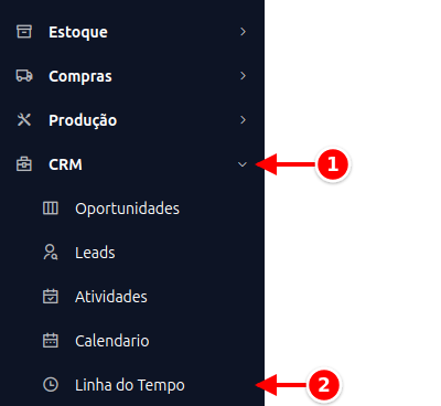 Menu lateral com CRM e Linha do Tempo numerados de 1 a 2