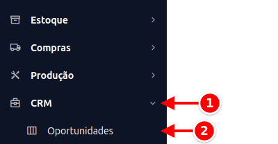 Menu lateral com CRM e Oportunidades numerados de 1 a 2