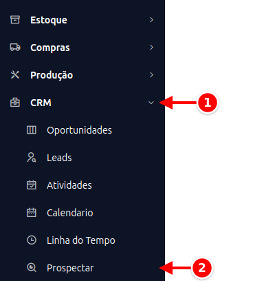Menu lateral com CRM e Prospectar numerados de 1 a 2