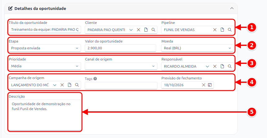 Cartão Detalhes da oportunidade com os campos em cinco grupos numerados de 1 a 5