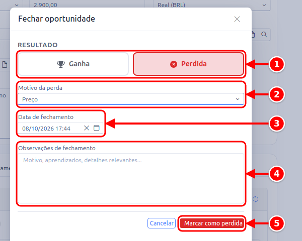 Janela Fechar oportunidade com o resultado, o motivo da perda, a data, as observações e o botão Marcar como perdida numerados de 1 a 5