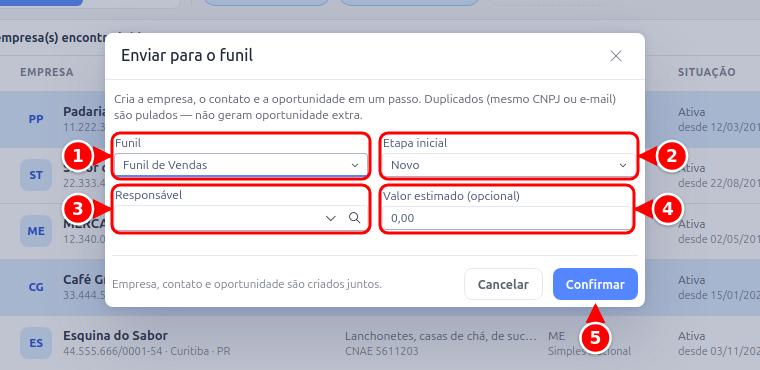 Janela Enviar para o funil com Funil, Etapa inicial, Responsável, Valor estimado e o botão Confirmar, numerados de 1 a 5