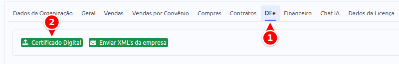Configuração com a aba DFe e o botão Certificado Digital numerados de 1 a 2