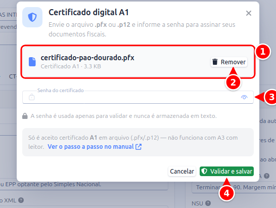 Janela do certificado com o arquivo escolhido, o botão Remover, o campo Senha do certificado e o botão Validar e salvar numerados de 1 a 4