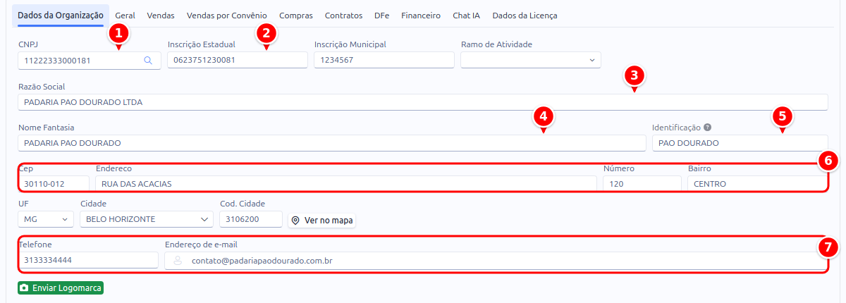 Aba Dados da Organização da tela de configuração, com o CNPJ, a inscrição estadual, a razão social, o nome fantasia, a identificação, o endereço e os contatos numerados de 1 a 7