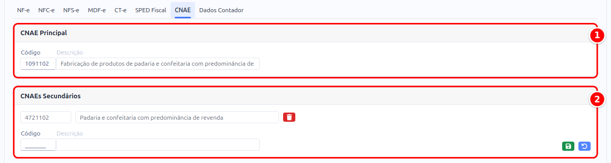 Sub-aba CNAE da configuração, com os quadros CNAE Principal e CNAEs Secundários numerados de 1 a 2