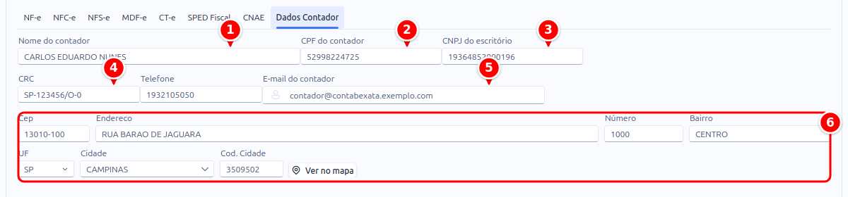 Sub-aba Dados Contador da configuração, com o nome, o CPF, o CNPJ do escritório, o CRC, o e-mail e o endereço numerados de 1 a 6
