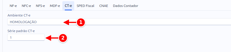 Sub-aba CT-e da configuração, com o ambiente e a série numerados de 1 a 2