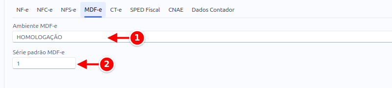 Sub-aba MDF-e da configuração, com o ambiente e a série numerados de 1 a 2