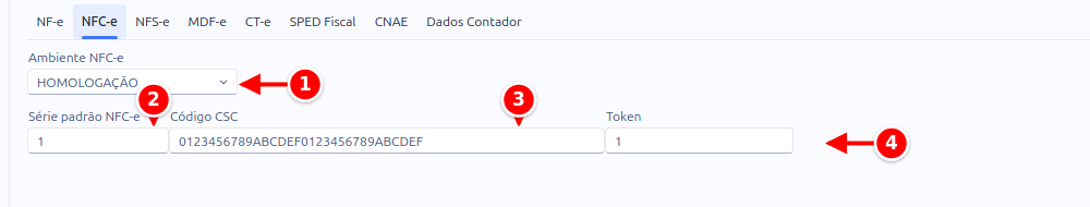 Sub-aba NFC-e da configuração, com o ambiente, a série, o código CSC e o token numerados de 1 a 4