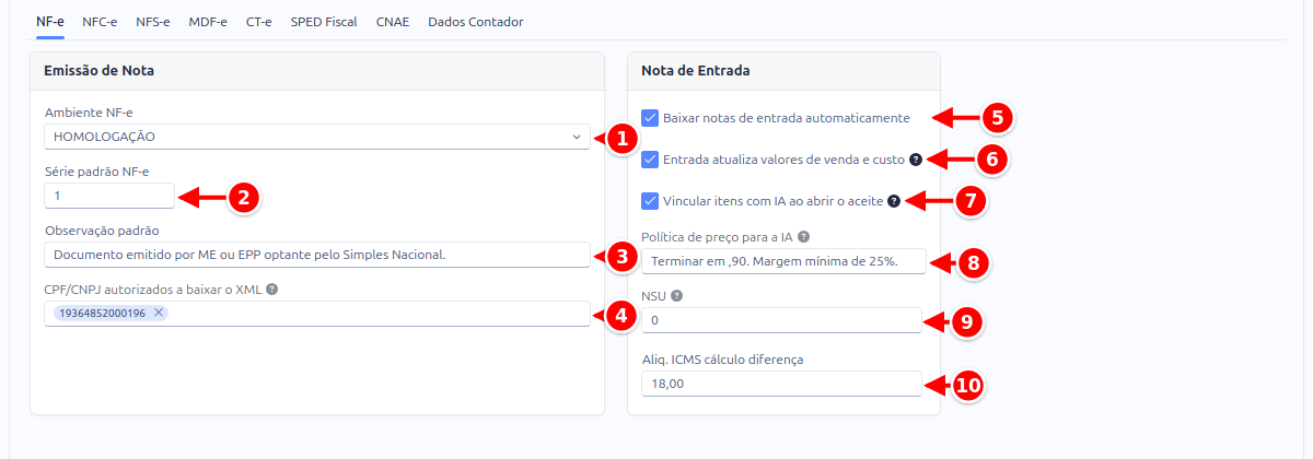 Sub-aba NF-e da configuração, com os campos da emissão de nota e os da nota de entrada numerados de 1 a 10