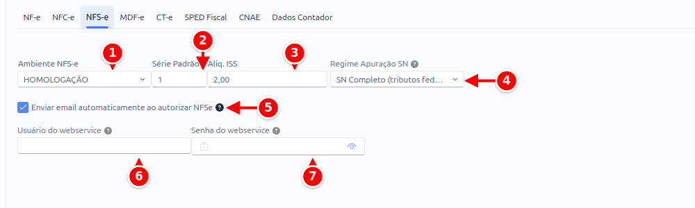 Sub-aba NFS-e da configuração, com o ambiente, a série, a alíquota de ISS, o regime de apuração, o envio automático de e-mail e o usuário e a senha do webservice numerados de 1 a 7