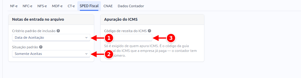 Sub-aba SPED Fiscal da configuração, com o critério de inclusão, a situação e o código de receita do ICMS numerados de 1 a 3