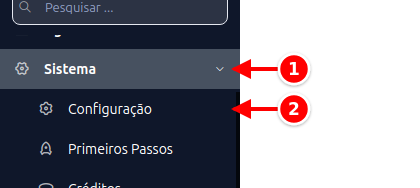 Menu lateral com Sistema e Configuração numerados de 1 a 2