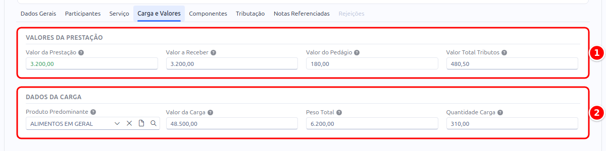 Aba Carga e Valores do CT-e com os quadros Valores da Prestação e Dados da Carga numerados de 1 a 2