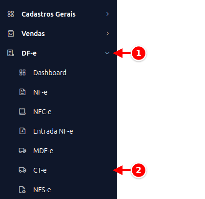 Menu lateral com DF-e e CT-e numerados de 1 a 2
