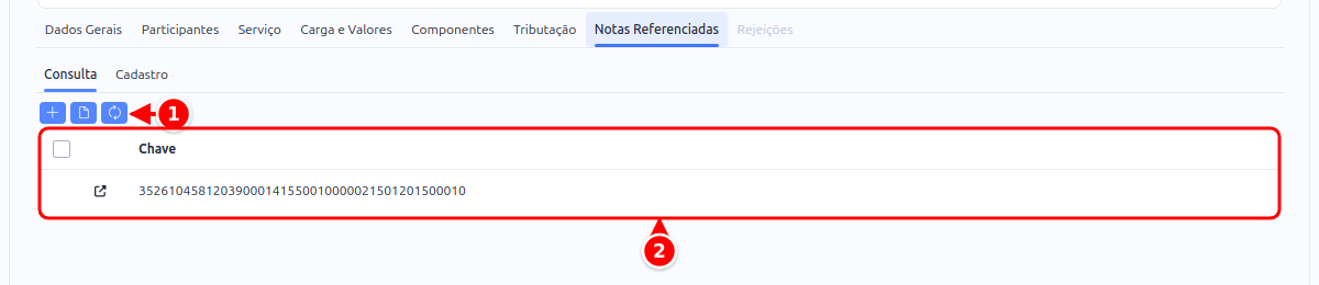 Aba Notas Referenciadas do CT-e com os botões e a lista de chaves numerados de 1 a 2