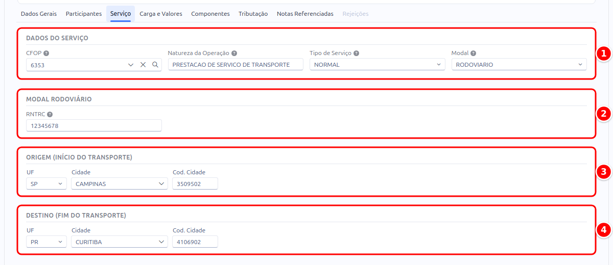 Aba Serviço do CT-e com os quadros Dados do Serviço, Modal Rodoviário, Origem e Destino numerados de 1 a 4
