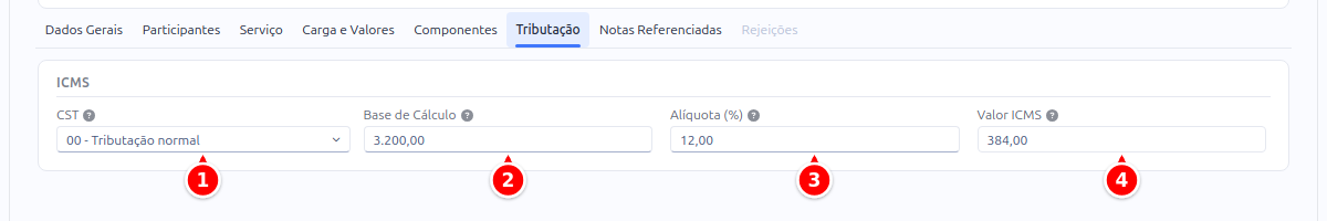 Aba Tributação do CT-e com CST, Base de Cálculo, Alíquota e Valor ICMS numerados de 1 a 4