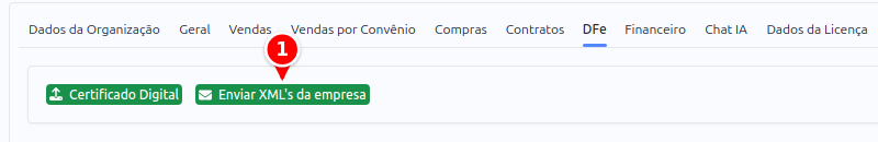Aba DFe com o botão Enviar XML's da empresa numerado com 1
