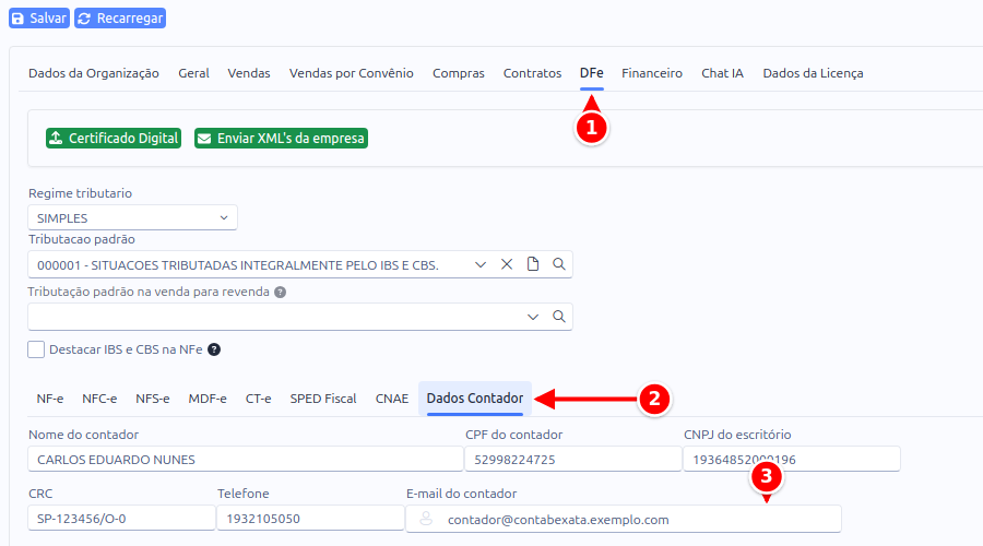 Configuração com a aba DFe, a sub-aba Dados Contador e o campo E-mail do contador numerados de 1 a 3