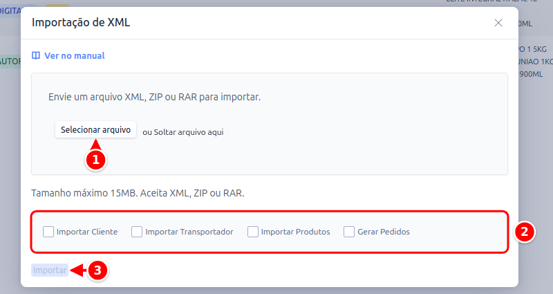 Janela Importação de XML com Selecionar arquivo, as opções de importação e o botão Importar numerados de 1 a 3