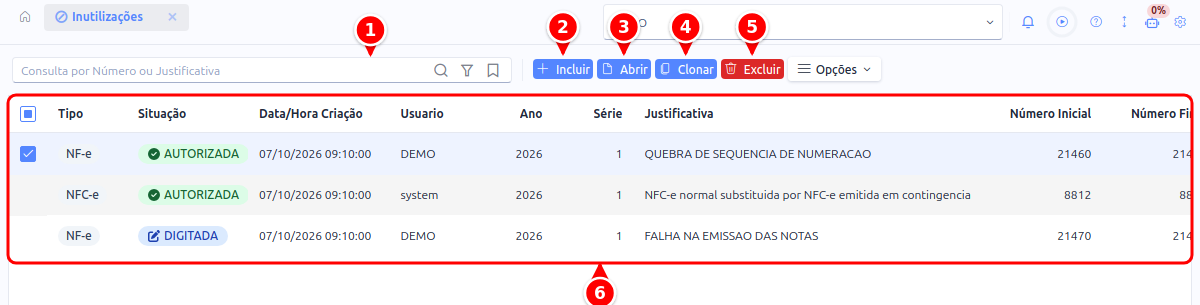 Listagem de inutilizações com a busca, os botões Incluir, Abrir, Clonar e Excluir e a grade numerados de 1 a 6