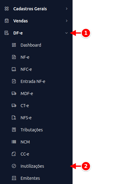 Menu lateral com DF-e e Inutilizações numerados de 1 a 2