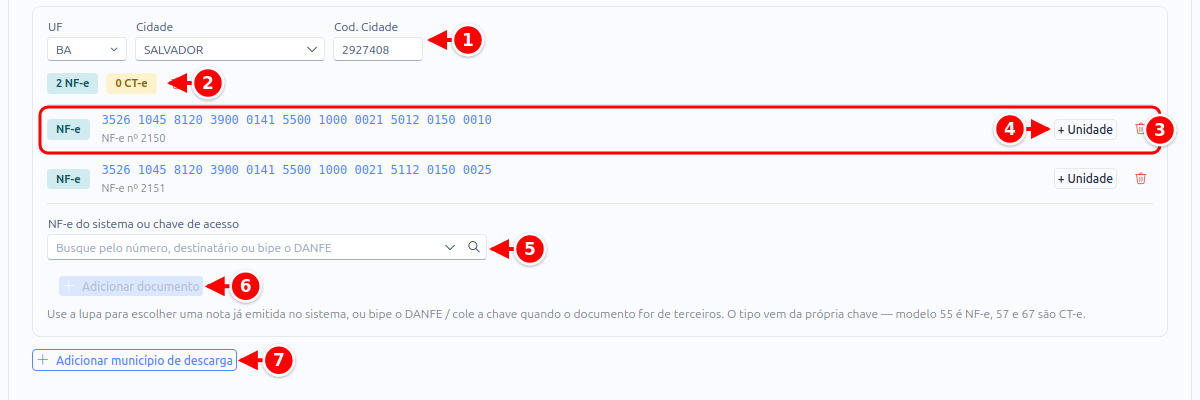 Aba Descarregamentos do MDF-e, com o município, os contadores, o documento vinculado, os botões de unidade, o campo de chave e os botões de adicionar numerados de 1 a 7