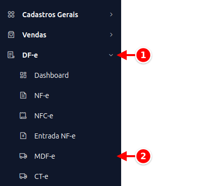 Menu lateral com DF-e e MDF-e numerados de 1 a 2