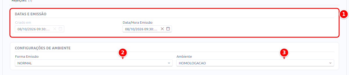 Aba Outros dados do MDF-e, com as datas, a forma de emissão e o ambiente numerados de 1 a 3