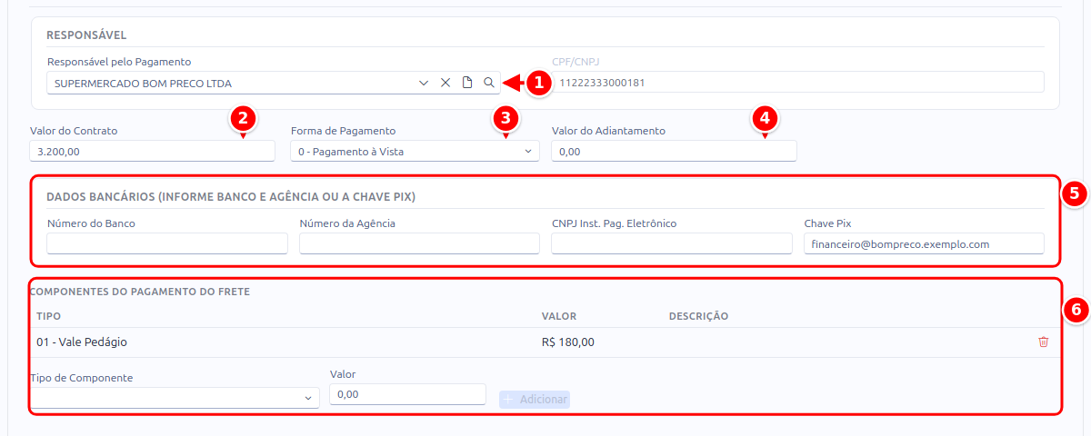 Aba Pagamento do MDF-e, com o responsável, o valor do contrato, a forma de pagamento, o adiantamento, os dados bancários e os componentes do frete numerados de 1 a 6