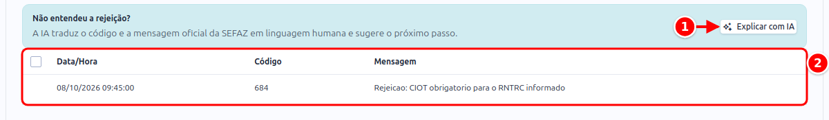 Aba Rejeições do MDF-e, com o botão Explicar com IA e a lista de rejeições numerados de 1 a 2