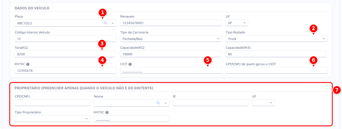 Aba Rodoviário do MDF-e, com a placa, o tipo de rodado, a tara, o RNTRC, o CIOT, o CPF ou CNPJ de quem gerou o CIOT e o quadro do proprietário numerados de 1 a 7