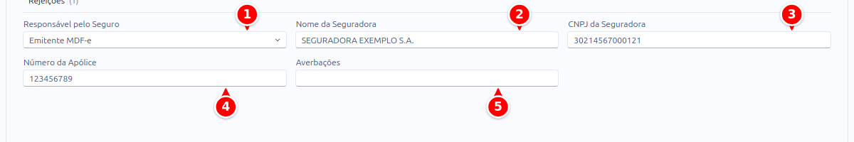 Aba Seguro do MDF-e, com o responsável, a seguradora, o CNPJ, a apólice e as averbações numerados de 1 a 5