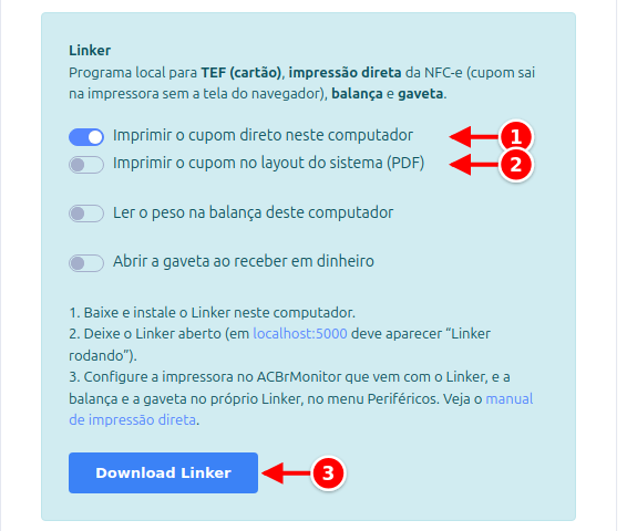 Janela Funções do PDV com o quadro Linker, as chaves de impressão e o botão Download Linker numerados de 1 a 3