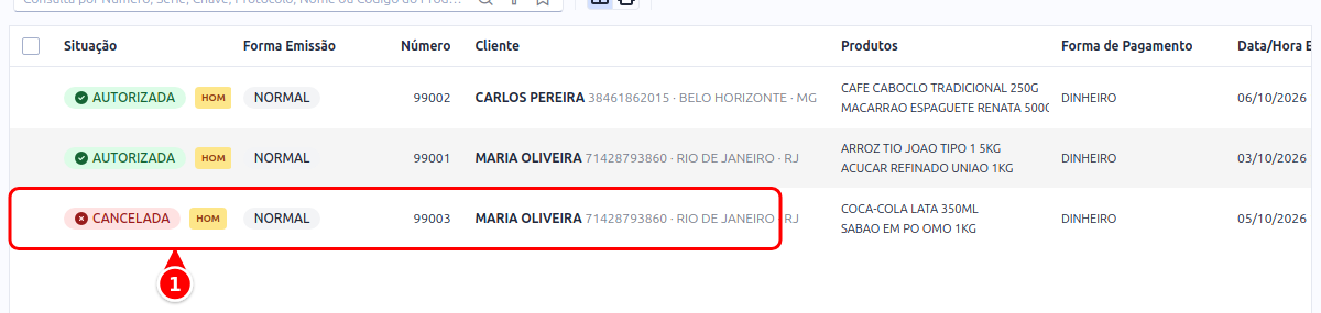 Listagem de NFC-e com a nota cancelada destacada e numerado como 1