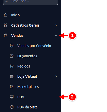 Menu lateral com Vendas e PDV numerados de 1 a 2