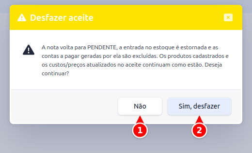 Confirmação do desfazer aceite com os botões Não e Sim, desfazer numerados de 1 a 2