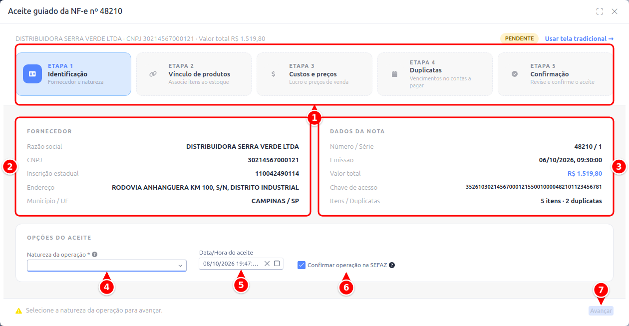Primeira etapa do aceite com a trilha de etapas, os dados do fornecedor e da nota, a natureza da operação, a data e hora do aceite, a confirmação na SEFAZ e o botão Avançar numerados de 1 a 7